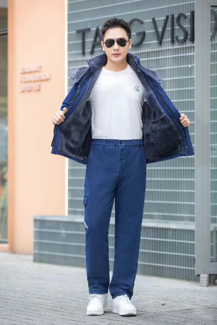 冬季加绒牛仔工作服/帽子可拆卸/保暖/蓝色/时尚/男中长款棉服/