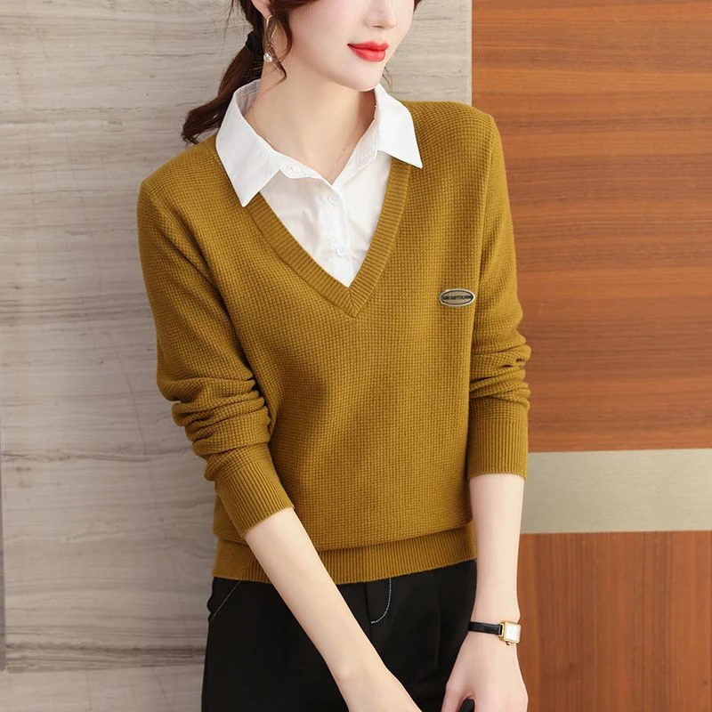 LY8001衬衫领针织衫假两件上衣女时尚洋气翻领毛衣新款春装女