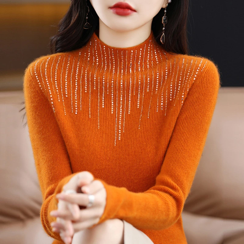 LY7885半高领镶钻气质针织衫毛衣女秋冬季内搭休闲打底上衣