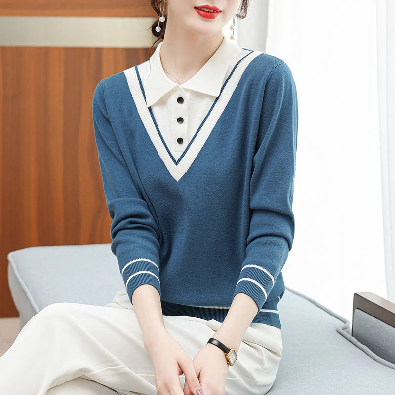 LY8181假两件毛衣女宽松外穿衬衣领上衣翻领针织衫春秋洋气打底衫