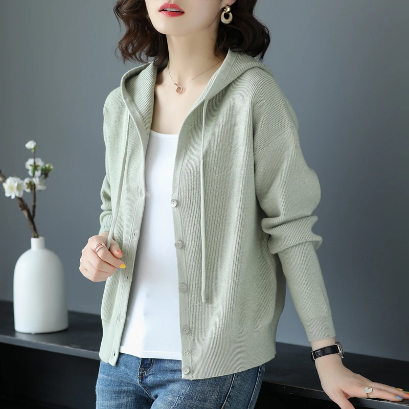 LY5198早秋连帽毛衣外套女春秋季新款休闲针织衫开衫外搭薄