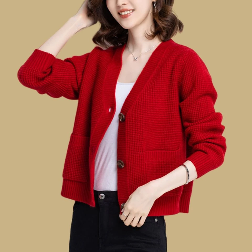 LY8251外套女春秋新款小个子妈妈v领针织衫开衫高腰短款上衣