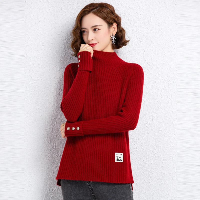 LY7669小个子毛衣女秋冬宽松半高领加厚内搭洋气纽扣打底衫上衣