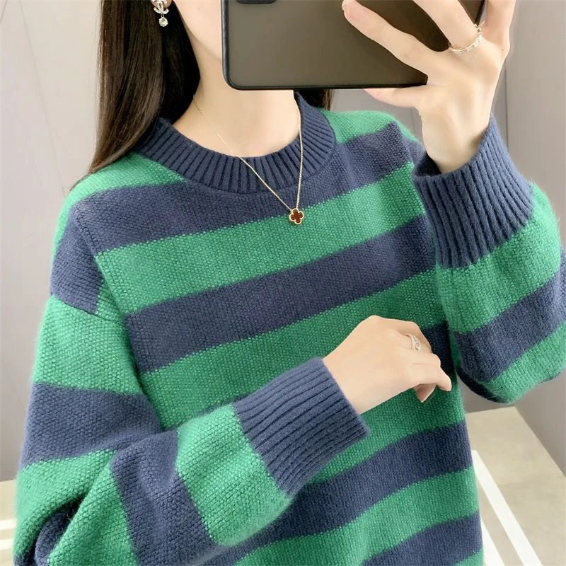 LY8527秋冬装新款条纹毛衣女套头时尚保暖针织衫宽松外穿