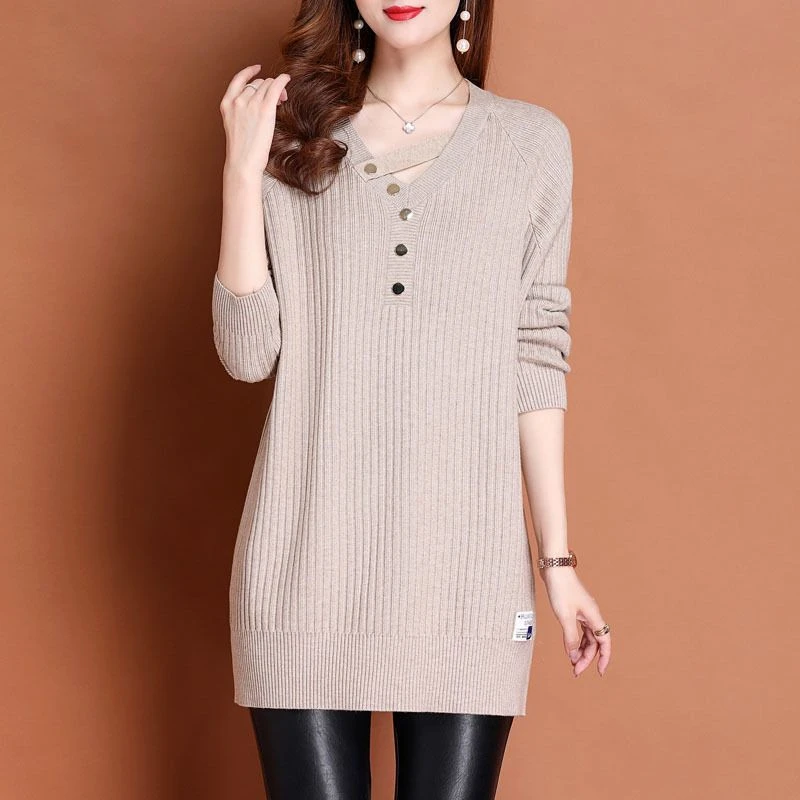 LY7775v领中长款毛衣女士洋气秋冬新款女装爆款针织打底衫