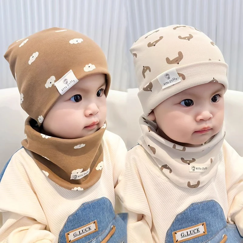 儿童帽子围脖两件套秋冬夏季宝宝套头帽子春秋季纯棉婴幼儿套装