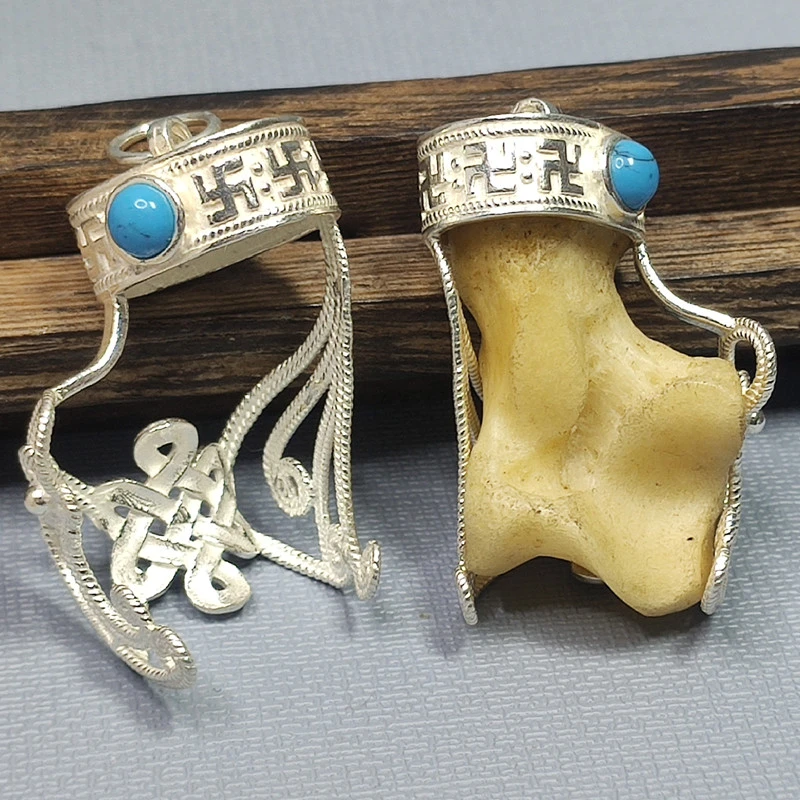 吊坠925银 镂空套托仿松石镶嵌中国结狼牙配件情侣吊坠男士狗牙套