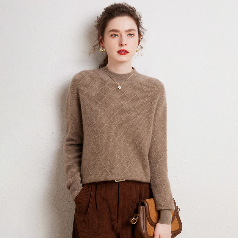 秋冬新款纯山羊绒女半高领阿兰花套头针织打底衫百搭宽松羊绒毛衣