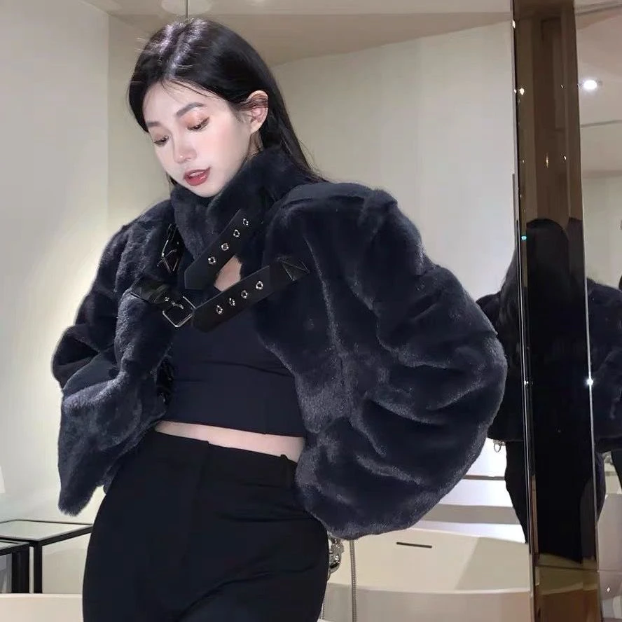 立领毛外套女短款秋冬加厚棉服时尚百搭毛毛绒上衣