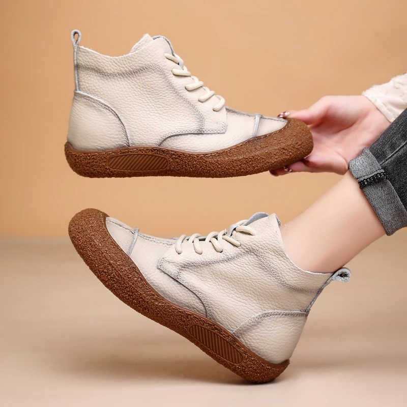 头层牛皮复古马丁靴牛皮马丁靴女鞋休闲百搭包头软底平底高帮系带