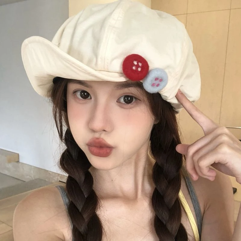 纽扣日系帽子女大头围百搭显脸小贝雷帽棉麻复古八角帽报童画家帽