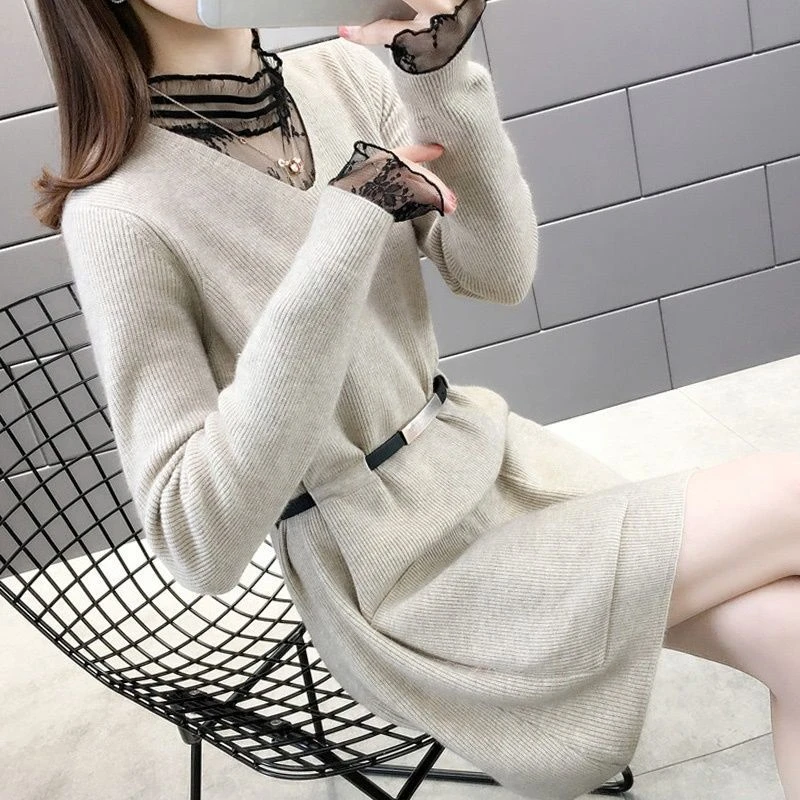 哺乳期外出春秋冬中长款过膝显瘦蕾丝针织打底毛衣裙连衣裙喂奶衣