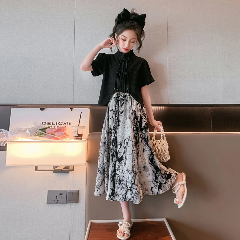 女童夏装套装2025新款洋气女大童网红水墨画半身裙时尚儿童两件套