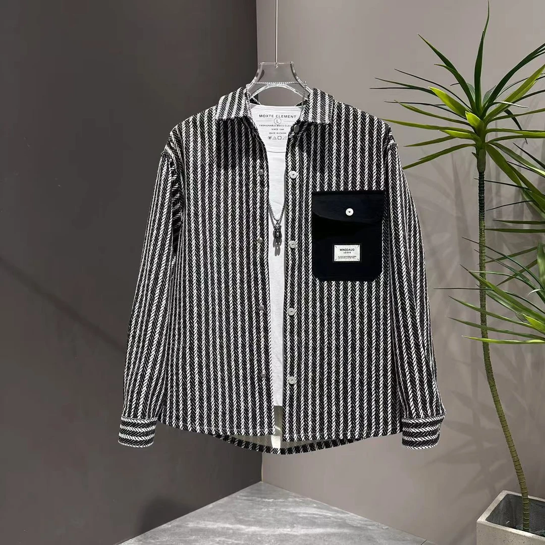 春秋男士经典百搭时尚条纹衬衫潮流翻领韩版设计师款男款外套上衣