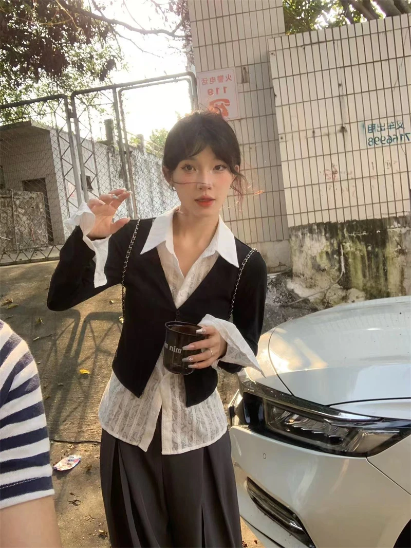 【NYPP】秋季设计感甜酷POLO领衬衫拼接假两件长袖T恤女独特上衣潮