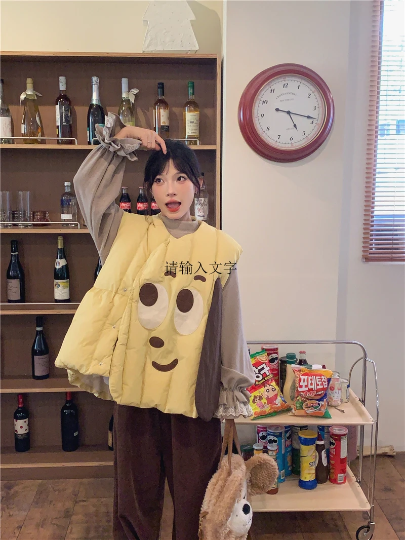 【NYPP】秋冬新款设计感慵懒风时尚卡通图案棉衣棉服马甲无袖外套