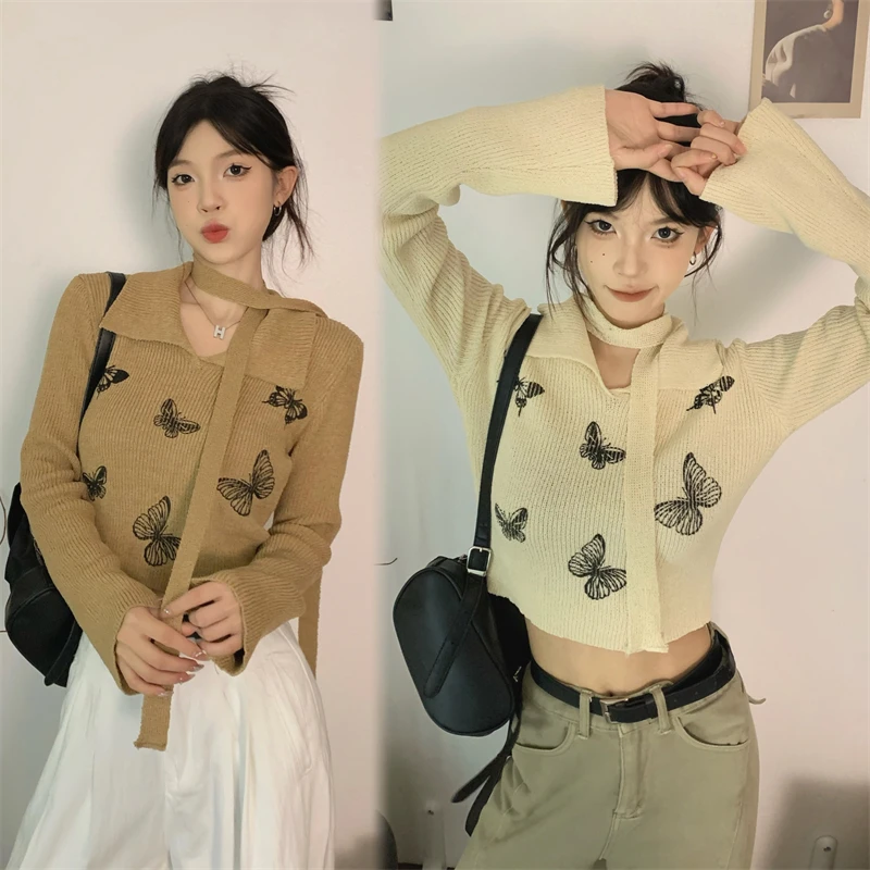 【NYPP】甜辣纯欲短款针织衫女韩版小个子蝴蝶结印花上衣潮