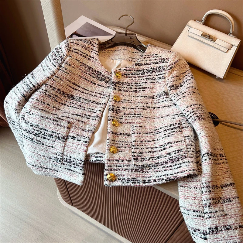 法式小香风条纹显瘦短外套女2024秋新款气质高级感轻奢羊毛呢上衣