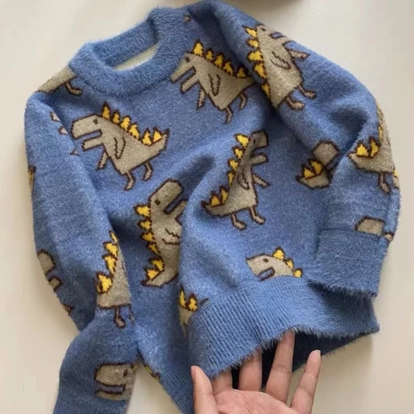 宝妈福利！儿童秋冬加绒加厚保暖仿貂绒恐龙毛衣针织上衣套头男童