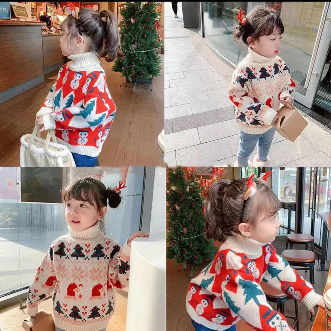 女童一体绒毛衣2025新款套头洋气冬装保暖高领儿童圣诞宝宝加绒