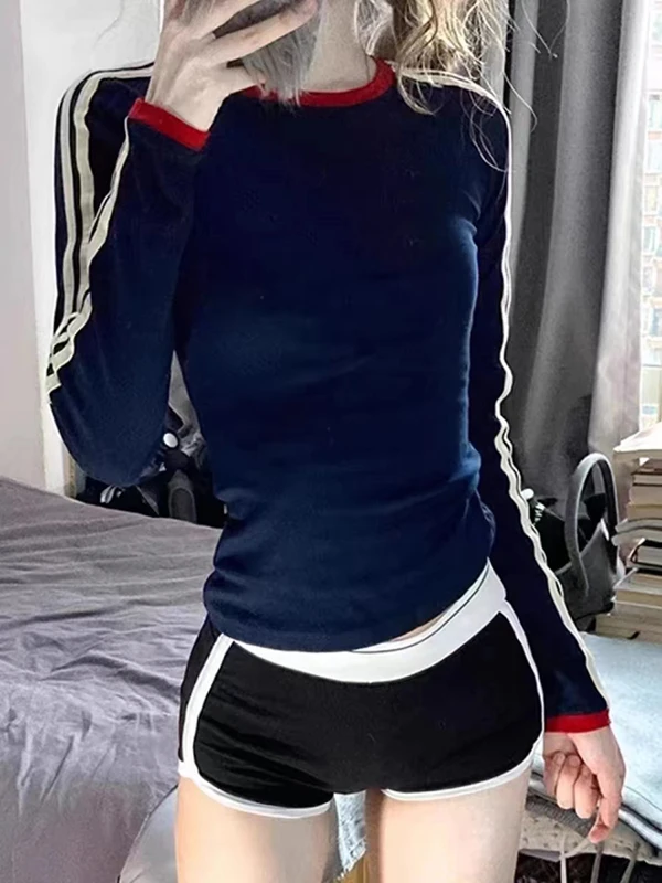 美式三条杠拼接条纹正肩长袖t恤女秋季收腰紧身辣妹运动短款上衣