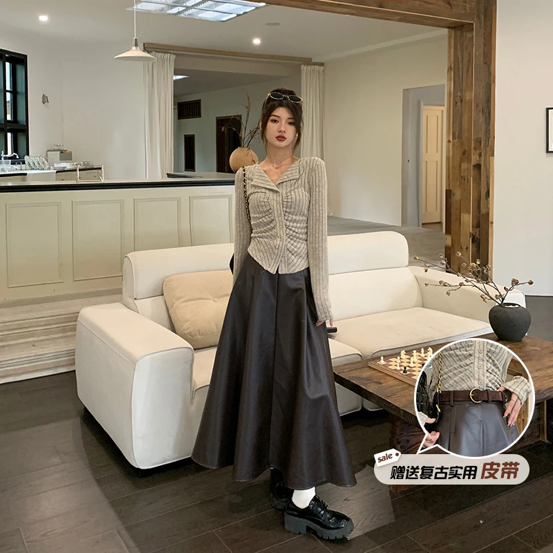 张大人大码女装胖妹妹mm显瘦拽姐中长款皮裙御姐针织上衣时尚套装