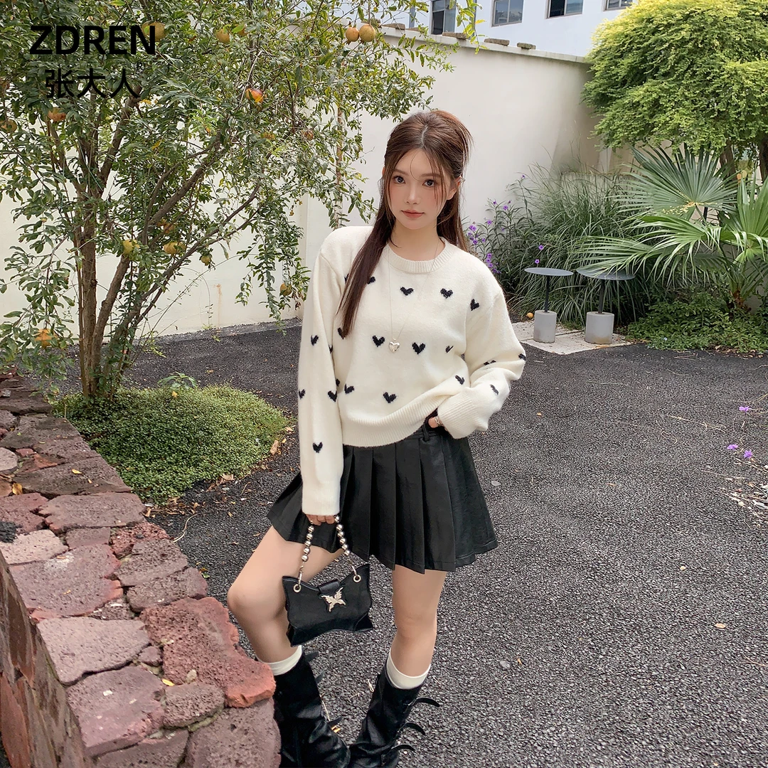 张大人桃心奶球秋冬大码女装韩版显瘦爱心套头毛衣甜美百褶裙套装