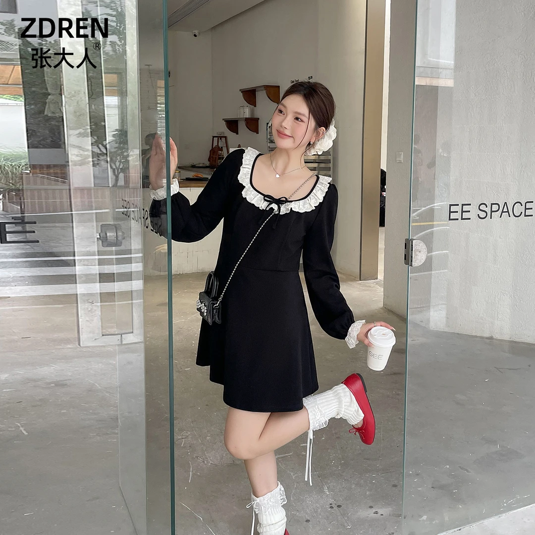 张大人秋季大码女装胖妹妹mm显瘦小黑裙法式气质千金风针织连衣裙