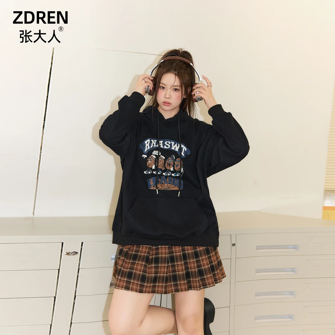 张大人焦糖可可大码女装美式休闲加绒卫衣遮肚显瘦上衣百褶裙套装