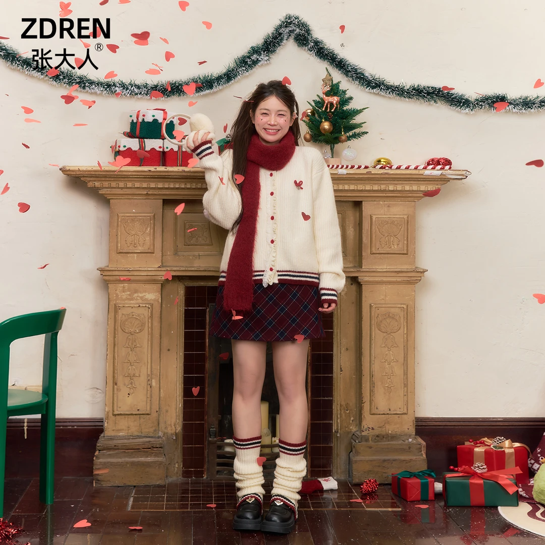 张大人初雪奶糕大码女装甜美蝴蝶结加厚针织开衫外套格纹半裙套装