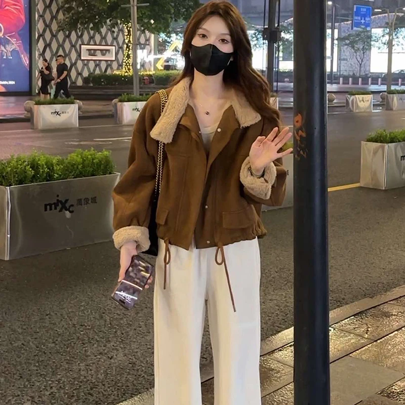 短款加绒加厚皮绒一体外套女冬装新款复古韩版小个子宽松休闲上衣