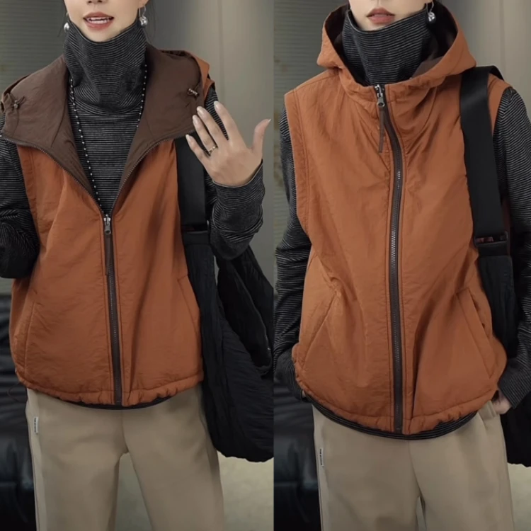 潮流秋冬洋气减龄双面穿搭夹棉坎肩宽松连帽保暖马甲外套女外搭