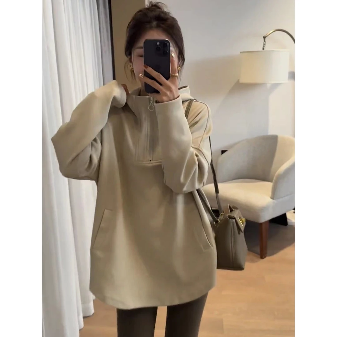 高级感百搭半拉链连帽衫卫衣上衣女装T恤设计感小众春秋装新款