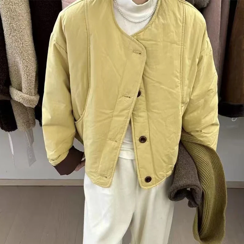 韩系新品糖果色单排扣拼色棉服外套女秋冬新款圆领时尚简约小棉衣