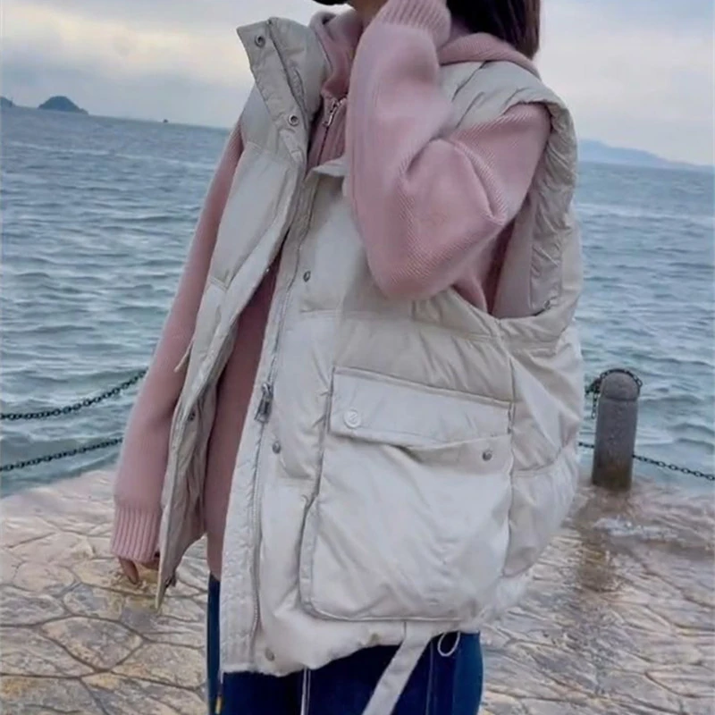 欧货短款棉马甲女秋冬时尚新款韩版宽松大口袋保暖棉背心马夹外套