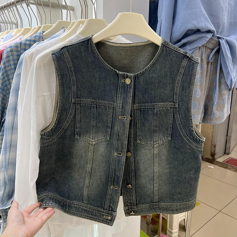 韩国东大门气质秋季新款复古做旧牛仔马甲女宽松百搭无袖坎肩外套