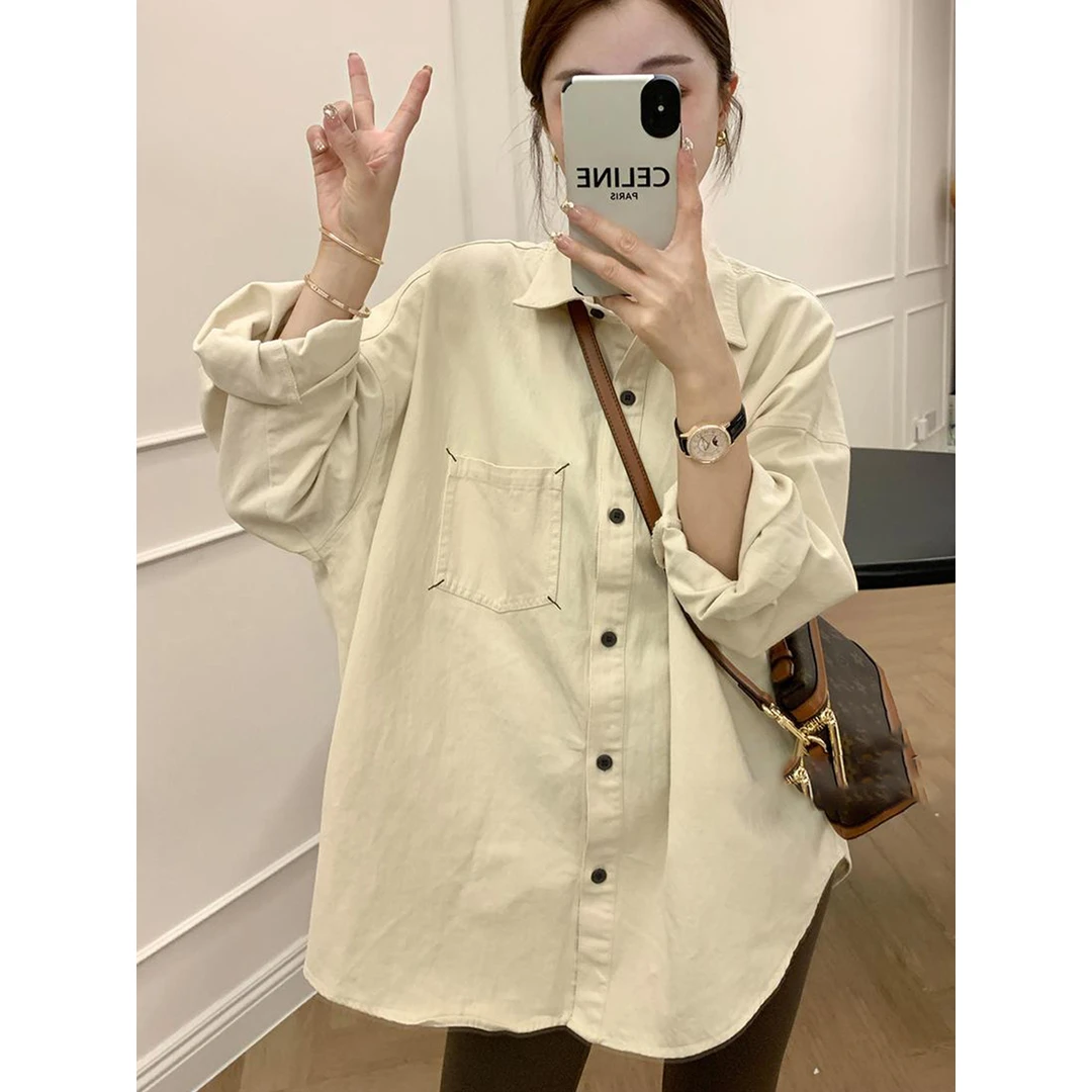 休闲宽松衬衫女长袖上衣春秋慵懒风百搭开衫韩版时尚洋气衬衣外套