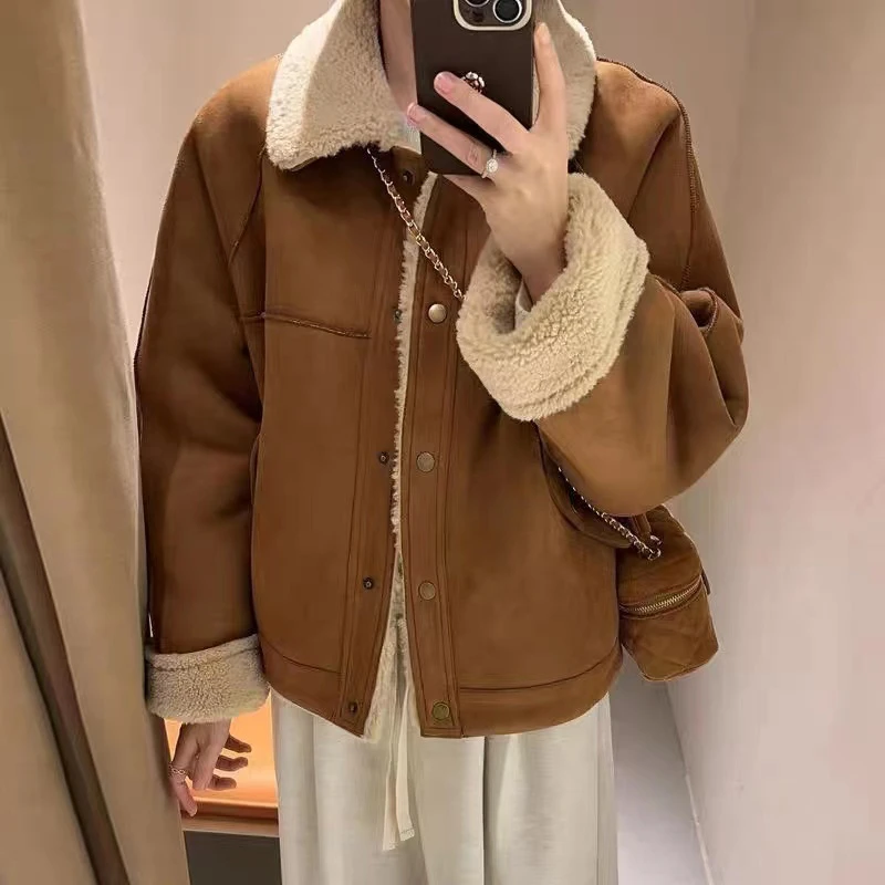 韩版毛毛短款外套女秋冬季新款保暖加厚皮毛一体宽松夹克小个子潮