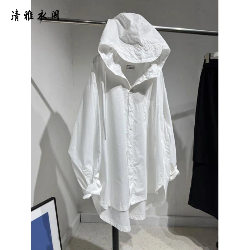 特大码300斤胖mm宽松遮肉法式长袖衬衫女春季休闲百搭连帽外套240