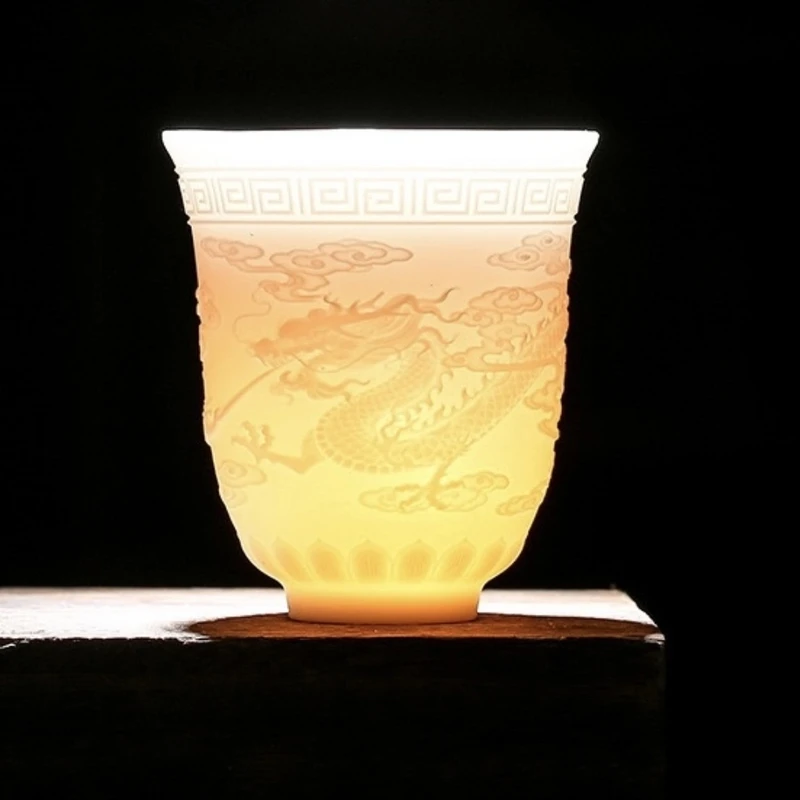 凤呈祥杯浮雕羊脂白瓷杯龙凤杯主人陶瓷杯