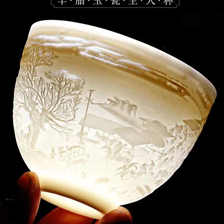 （宠粉福利）羊脂白瓷浮雕清明上河图喝茶杯主人杯