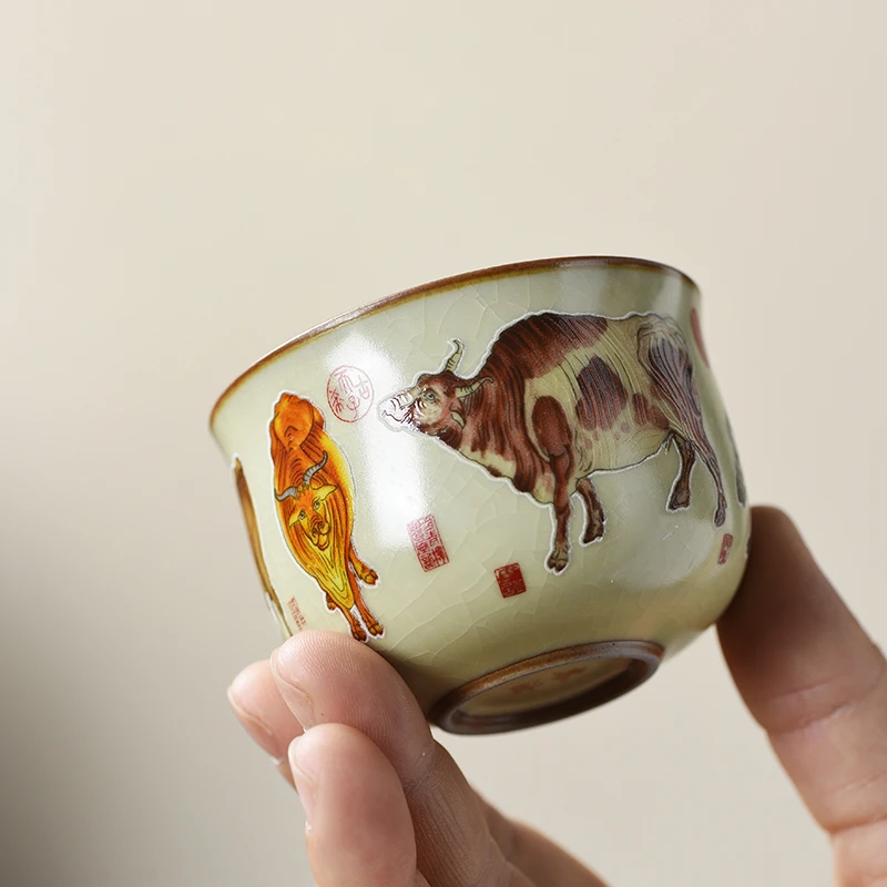 （宠粉福利）汝窑陶瓷五牛杯茶杯高档品茗杯主人杯