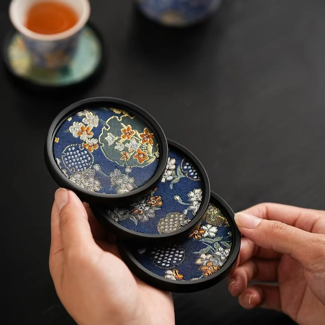 百花刺绣吸水杯垫防烫隔热茶道功夫茶功夫配件陶瓷