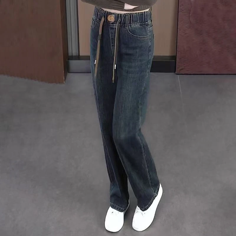 松紧水泥直筒牛仔裤2024原创宽松新款高腰弹力显瘦春秋直筒牛仔裤
