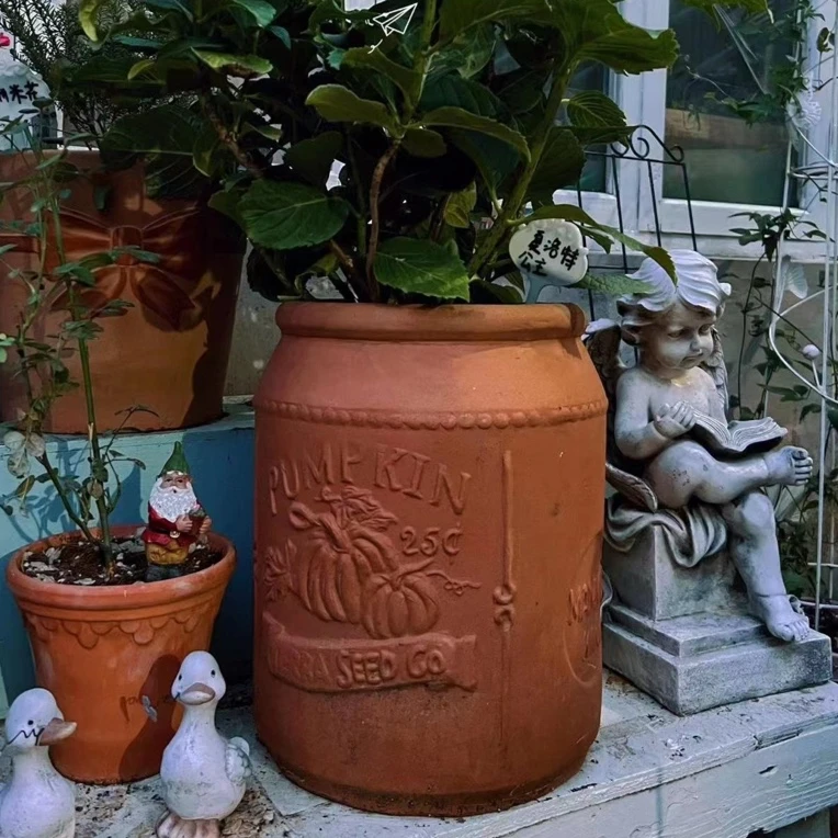 丽丽陶盆 牛奶罐 易拉罐陶盆 红陶 25*34