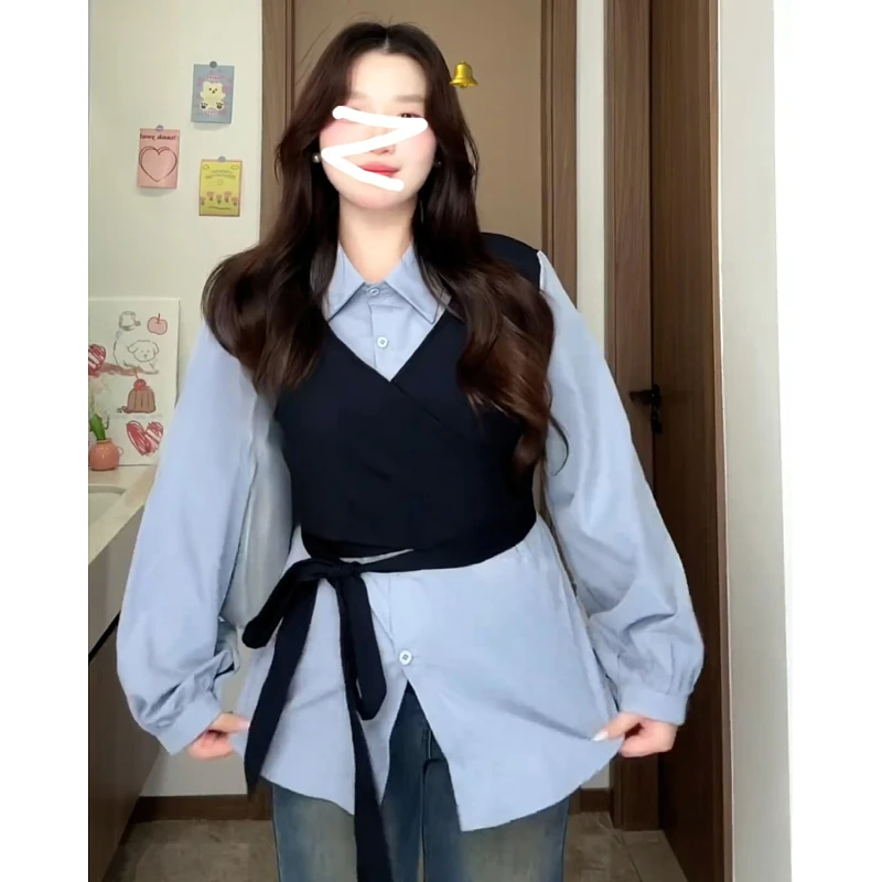 大码胖MM韩系百搭假两件长袖衬衫女秋季2024新款绑带收腰遮肉衬衣