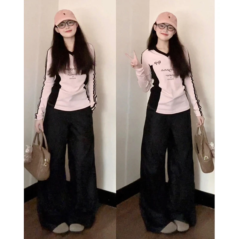 大码女装美式拼接撞色字母v领长袖t恤秋季修身显瘦原宿风百搭上衣