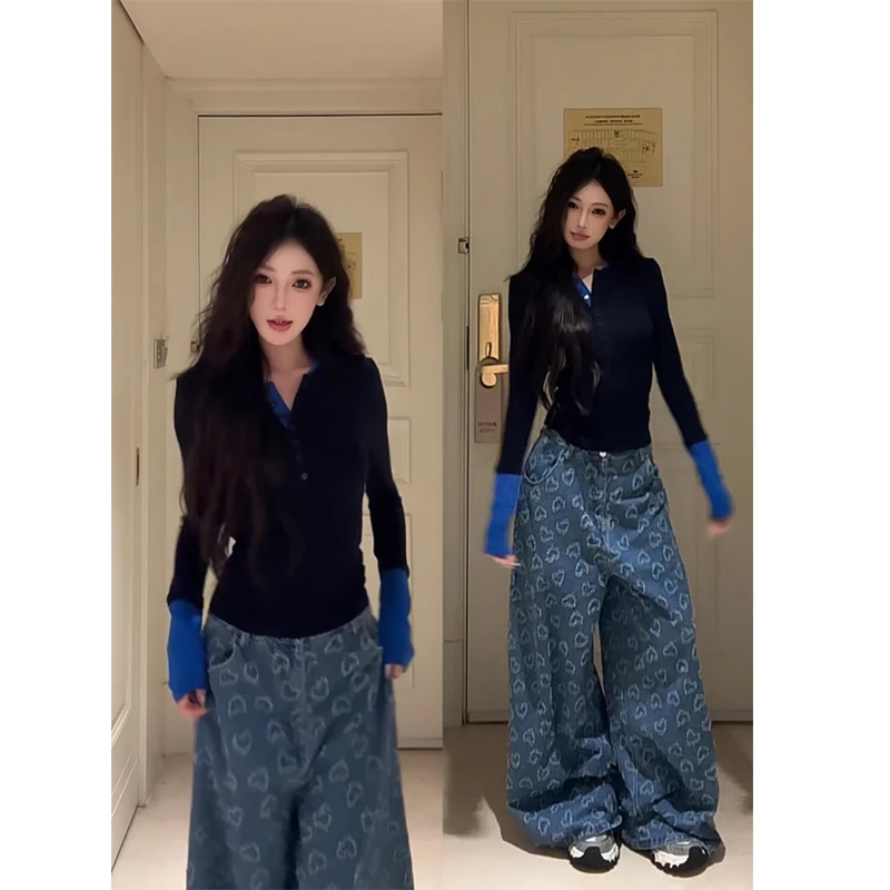 大码美式辣妹撞色拼接长袖T恤女秋季新款胖MM修身显瘦短款上衣潮