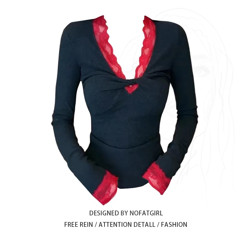 大码胖MM纯欲风蕾丝拼接长袖T恤女秋季新款修身内搭假两件上衣潮