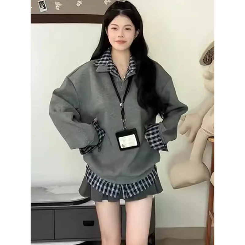 大码胖MM拼接假两件卫衣长袖女秋冬季款美式学院风宽松设计感上衣